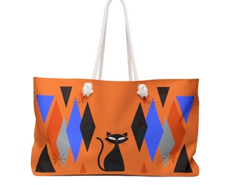 Weekender Bag - Orange With fun Mid-Century modern design and cat!