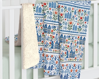 Dutch Folkart Sherpa Fleece Blanket: Amsterdam Holland Winter Decor