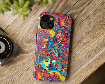 Coque de téléphone iPhone, Samsung, Visages psychédéliques | Art abstrait rétro et coloré