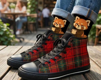 Holiday Tartan High-Top Canvas Shoes - Black, Traditional Red Green Plaid