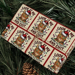 May include: Gift wrap featuring a repeating pattern of a cat wearing a Santa hat and Christmas lights. The text "LOOK AT ME BEING ALL FESTIVE AND SHIT" is printed on the wrapping paper. The gift is tied with twine.