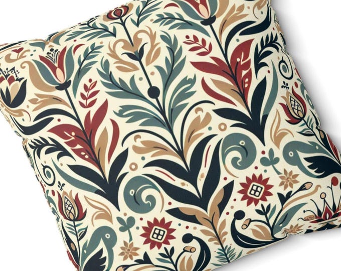 Scandic Folk Art Pillow, Nordic Floral Throw Cushion