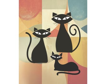 Retro-Poster „Schwarze Katzen 2“ mit mattem Hochformat | Katzenkunst aus der Mitte des 20. Jahrhunderts