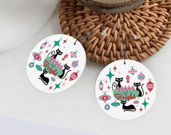 Merry & Bright Christmas Leather Round Earrings, Cat Mom Earings