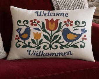 Scaninavian Folk Art Lumbar Pillow | 'Welcome' Greetings
