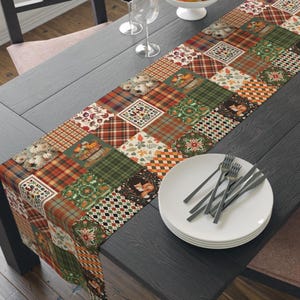 Autumn Faux Patchwork Table Runner, Holiday Dining Decor, Festive Thanksgiving Centerpiece, Elegant Farmhouse Table Linens, Seasonal Runner
