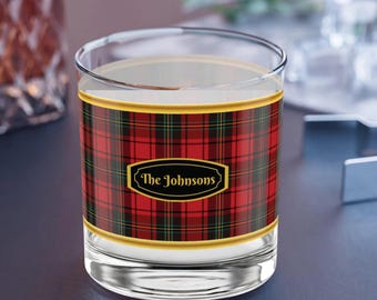 Holiday Tartan Plaid Monogram Rocks Glass, Custom Family Christmas Glassware