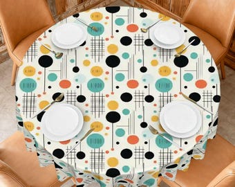 Mid Century Modern Round Tablecloth with Wavy Edge 60"