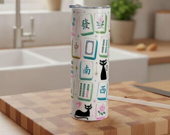 Mahjong 20oz Straight Stainless Steel Tumbler, Mahjong tumbler with Straw, Mahjong Kool Katz