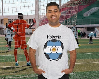 アルゼンチンサッカーファンTシャツ、ユニセックスTシャツ、サッカー好きへのギフト、名入れシャツ、サッカーファンTシャツ
