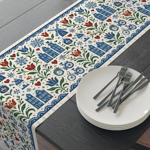 Dutch Folk Art Table Runner: Cotton Blend Summer Decor
