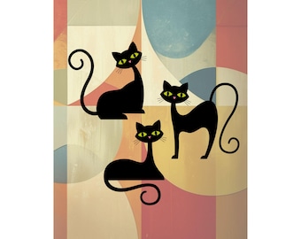 Retro Atomic Black Cats 3 Poster Matte Vertical Poster | Mid Century Cat Art