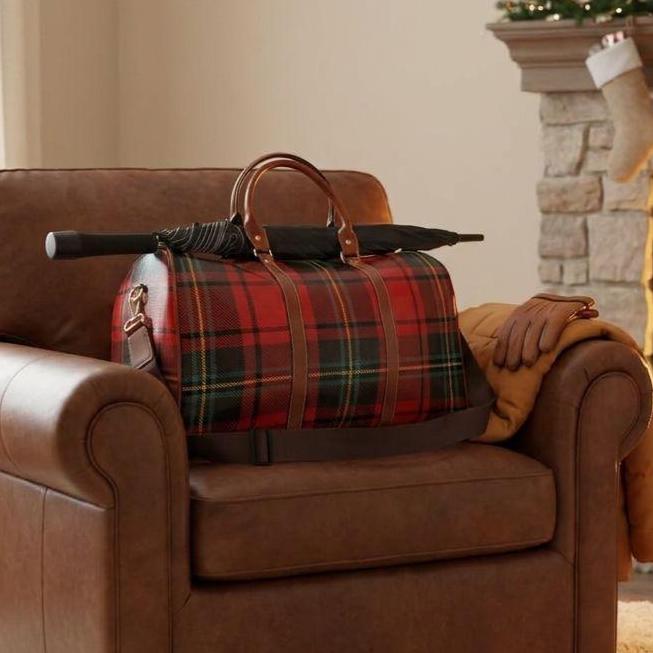 Waterproof Plaid Weekender Bag, Tartan Travel Duffel, PU Leather