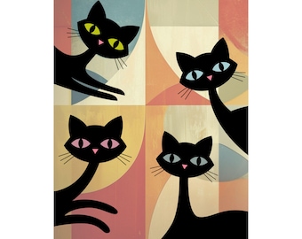 Retro Atomic Black Cats Poster Matte Vertical Poster | Mid Century Cat Art