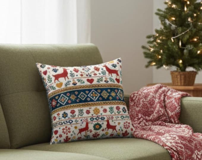 Christmas Folk Art Pillow: Scandinavian Nordic Reindeer Design