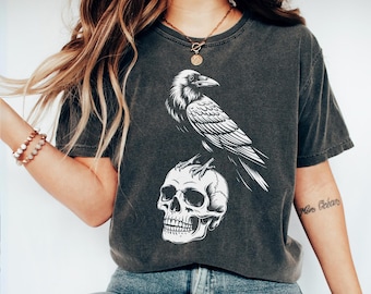 Raven and Skull Comfort Colors Shirt, Gothic Crow Tee, Vintage Bird Art Apparel, Witchy Top, Spooky Graphic Tee