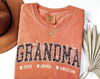 Personalized Halloween Grandma Shirt Comfort Colors®, Custom Grandkids Name Tee, Spooky Gift For Nana Or Mimi, Fall Bat And Web Text Shirt