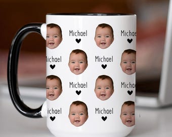Personalized Baby Face Mug, Custom Face Pattern Mug, Pet Photo Mug, Mom Gift with Kid Name, Dog Face Mug, Kids Photo for Grandpa Birthday