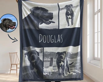 Personalized Pet Pen Art Portrait Blanket, Custom Dog Photo Blanket, Dog Mom Gift, Cat Face and Name Blanket, Custom Collage Blanket