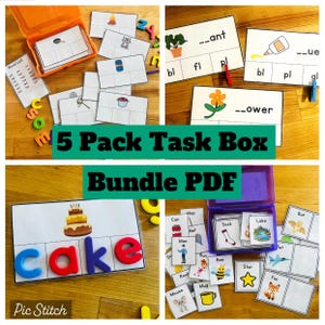 May include: Educational task cards and word puzzles are displayed. The image shows cards with fill-in-the-blank words, matching activities, and magnetic letters spelling "cake." The text "5 Pack Task Box Bundle PDF" is also visible.