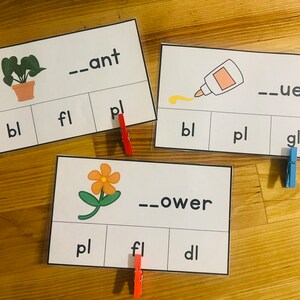 May include: Three white cards with black text and images. The first card has a picture of a plant and the text "_ant", "bl", "fl", and "pl". The second card has a picture of a glue bottle and the text "_ue", "bl", "pl", and "gl". The third card has a picture of a flower and the text "_ower", "pl", "fl", and "dl".
