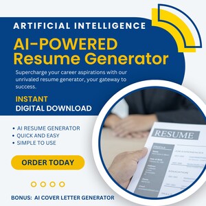 May include: A blue and yellow graphic advertises an AI-powered CV generator. The ad features a person holding a CV with the word "RESUME" printed on it. The ad text says "AI-POWERED Resume Generator" and "INSTANT DIGITAL DOWNLOAD".