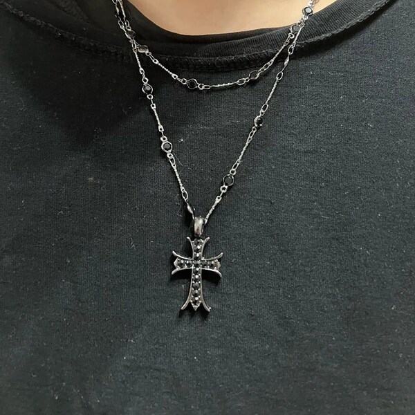 Gothic Black Rhinestone Cross Choker, Y2K Punk Vintage, Double Layer Chain Necklace