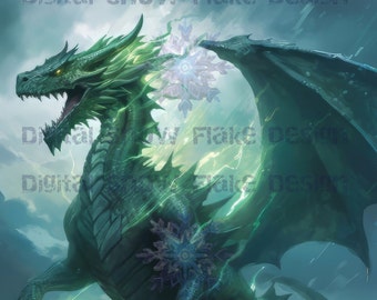 May include: A green dragon with wings spread wide, standing on a rocky surface. The dragon has a fierce expression and is surrounded by swirling green energy. The background is a stormy sky with snowflakes falling.