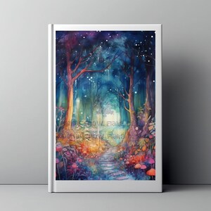 May include: A watercolor painting of a magical forest path with a glowing light at the end. The path is lined with trees and colorful flowers. The sky is filled with stars and the air is filled with magic.