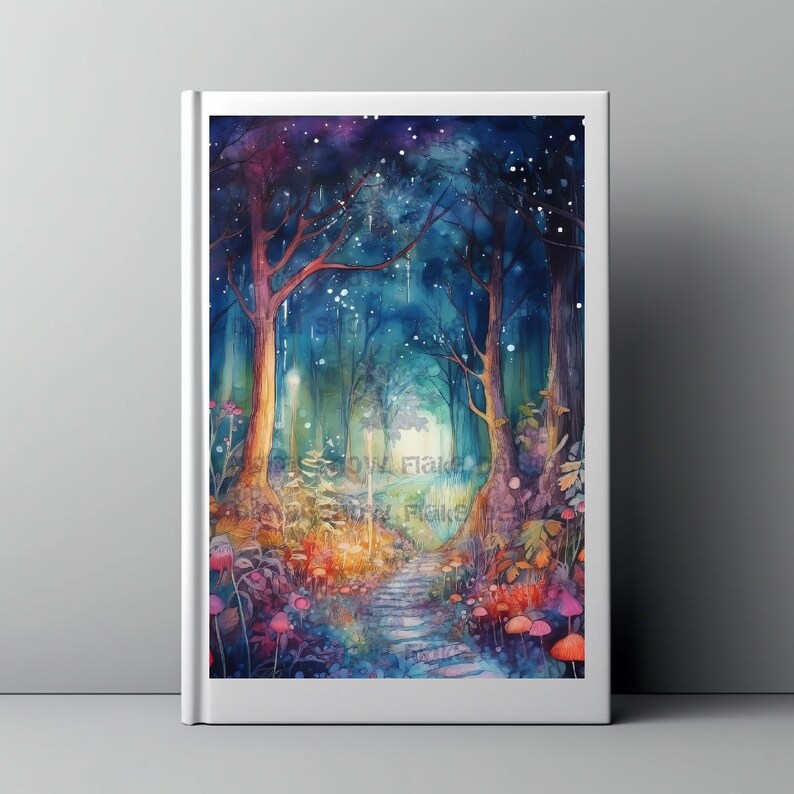 May include: A watercolor painting of a magical forest path with a glowing light at the end. The path is lined with trees and colorful flowers. The sky is filled with stars and the air is filled with magic.