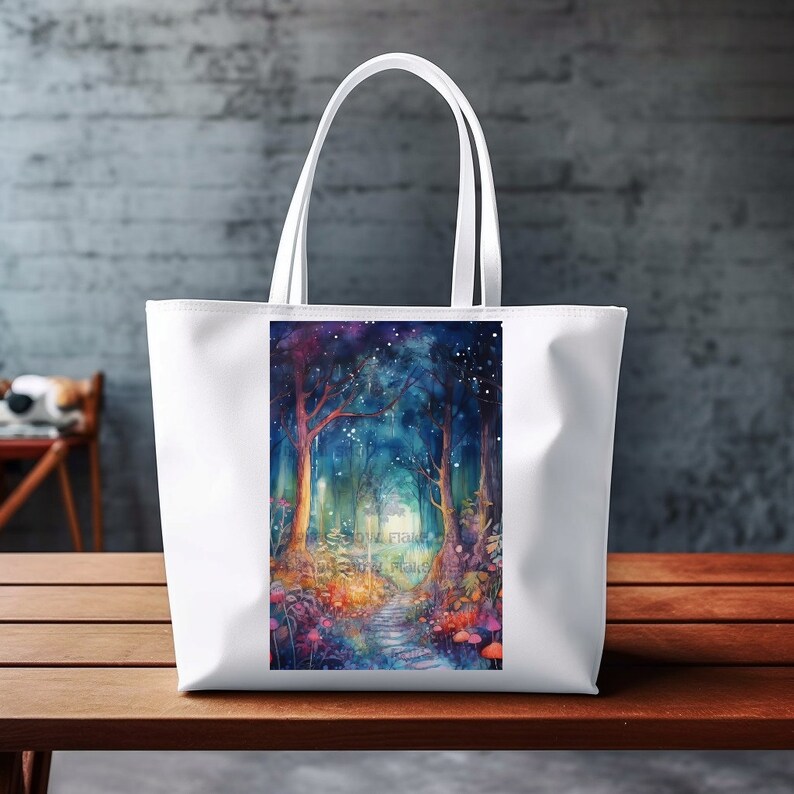 May include: White tote bag with a colorful watercolor illustration of a path through a forest at night. The path is lined with glowing mushrooms and the trees are illuminated by a starry sky.