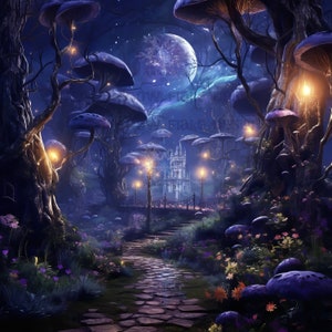 May include: A stone path leads through a magical forest with glowing mushrooms and a white castle in the distance. The forest is lit by a full moon and stars.