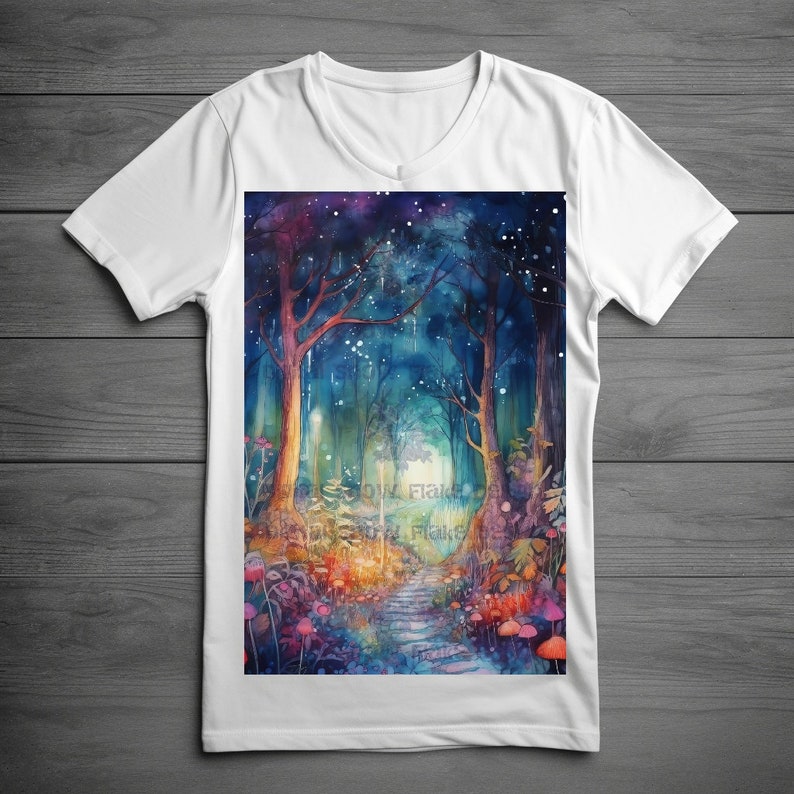May include: A white t-shirt with a colorful watercolor print of a forest path leading into a starry night sky. The path is lined with trees and glowing mushrooms.