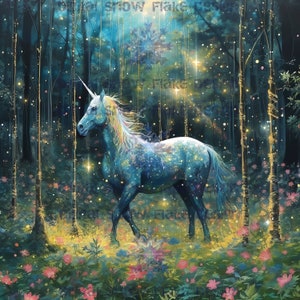 Magical Unicorn in a Forest Digital Art | Instant Download | Kids Gift Idea | Home Décor