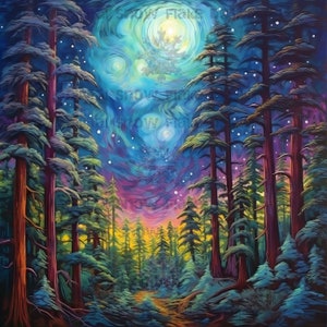 May include: A painting of a forest at night with a swirling sky full of stars and a bright moon. The trees are tall and slender, with dark green foliage. The sky is a mix of blue, purple, and pink.