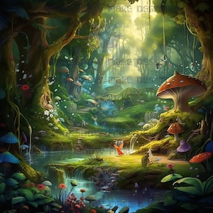 May include: A vibrant digital painting of a whimsical forest scene. Lush green foliage, mushrooms, and a small stream create a magical atmosphere. Sunlight filters through the trees, illuminating the fantasy landscape. A fairy-like creature is visible.