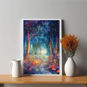 May include: A watercolor painting of a magical forest path with a starry sky above. The path is lined with trees and glowing flowers, and the air is filled with a sense of wonder.