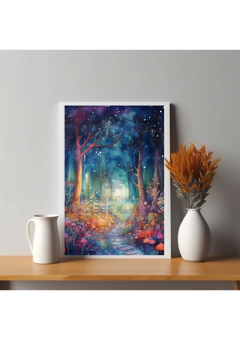 May include: A watercolor painting of a magical forest path with a starry sky above. The path is lined with trees and glowing flowers, and the air is filled with a sense of wonder.