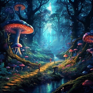 May include: A whimsical forest scene with a path leading to a glowing light at the end. The path is lined with colorful mushrooms of various sizes and shapes. The forest is filled with tall trees and lush greenery.