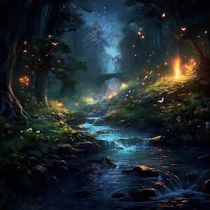 May include: A magical forest scene with a glowing blue stream flowing through the center. The stream is surrounded by lush green foliage and trees. There are glowing lights and butterflies throughout the scene.