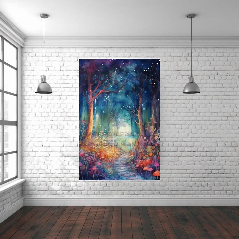 May include: A watercolor painting of a magical forest path with glowing trees and a starry sky. The path is lined with colorful mushrooms and flowers. The painting has a whimsical and ethereal feel.