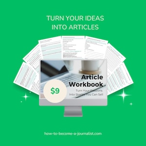 May include: A computer screen displaying a digital product called "Article Workbook: Turn Your Passions Into Stories You Can Sell" for $9. The screen is surrounded by several pages of a workbook with a white coffee mug on the screen.