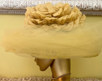 Striking Yellow Vintage Tulle Hat with Green Velvet Ribbon, Super Fashionable and Stylish