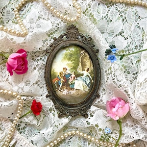 Italian Vintage Metal Frame with Courting Picture, Rococo Victorian Image