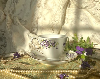 Vintage Wueen Anne Bone China Cup and Saucer with Violets, Made in England