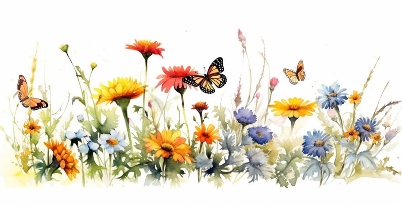 May include: Watercolor painting of a field of wildflowers with butterflies. The flowers are in shades of yellow, orange, red, blue, and green. The butterflies are orange and black.