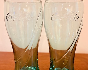 Two Blue Turquoise Coca Cola Glass Tumbler Drinking Glasses, Soda Pop Collectable Glass Embossed Logo Coca Cola Lettering Vintage.
