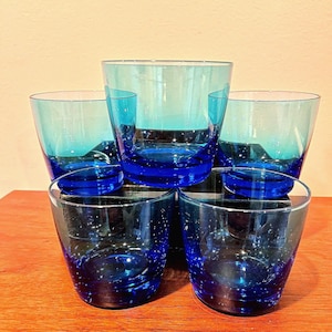 5 Vintage Solid Blue Glass Juice Glasses or Tumblers Barware