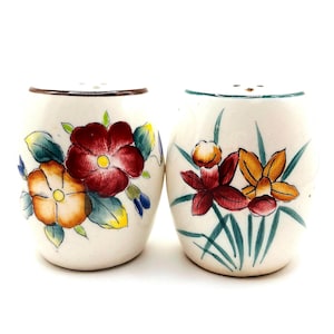 Vintage Made in Japan Blue and Brown Ceramic Handpainted Flower Salt and Pepper Shakers. Collectable Antique Floral Salt and Pepper Shakers