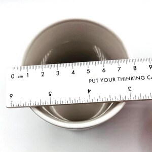 May include: A small, gray ceramic bowl with a white rim is shown with a ruler measuring its diameter. The ruler shows the bowl is approximately 9 cm in diameter. The text "PUT YOUR THINKING CA" is visible.